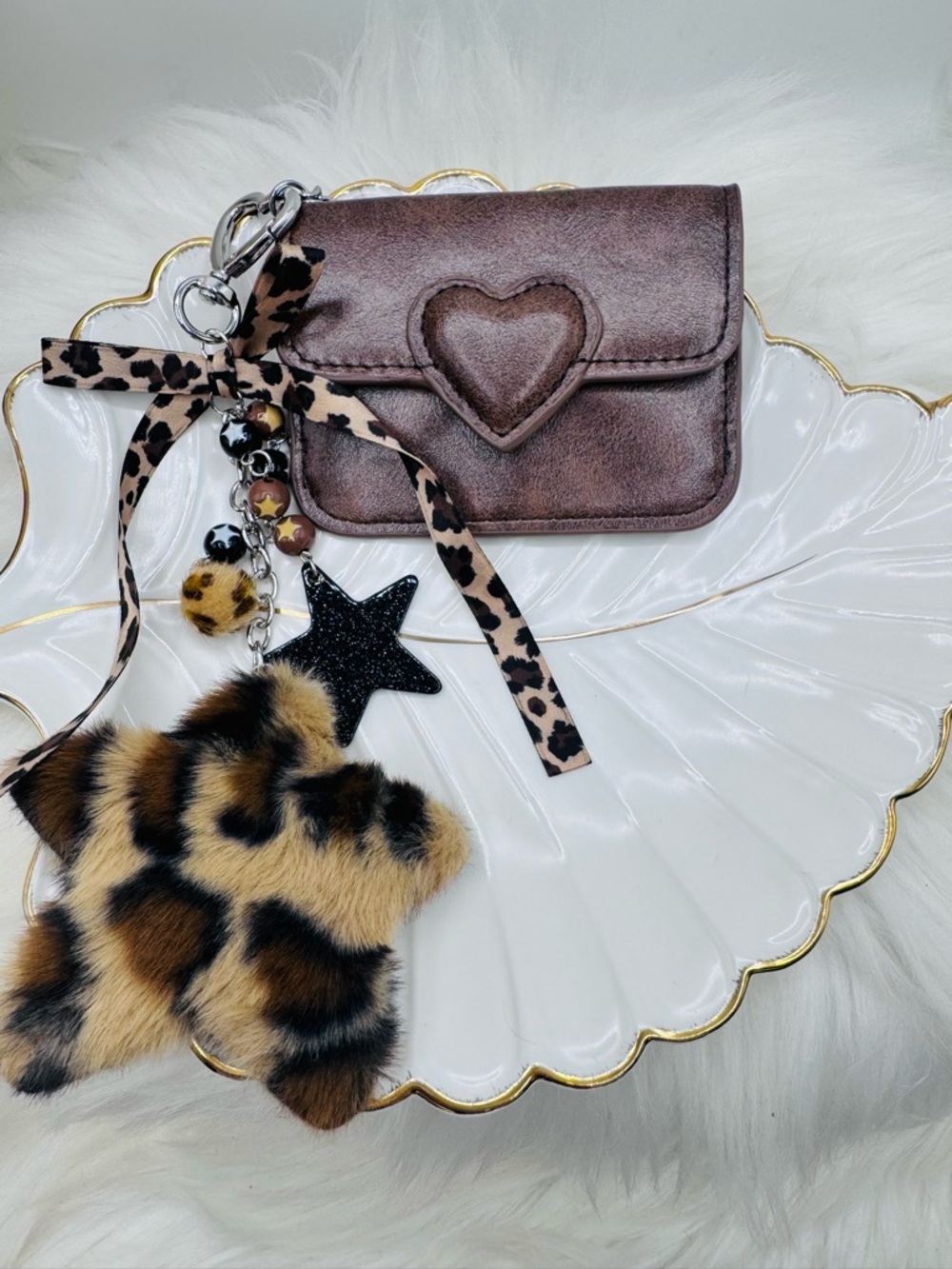 Brown Heart Card Case - Faux Leather and Plush Star Charm